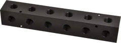 Made in USA - 1/2" Inlet, 3/8" Outlet Manifold - 9-1/4" Long x 1-1/2" Wide x 1-1/2" High, 0.2" Mount Hole, 2 Inlet Ports, 6 Outlet Ports - Industrial Tool & Supply