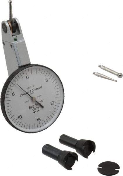 TESA Brown & Sharpe - 0.03 Inch Range, 0.0005 Inch Dial Graduation, Horizontal Dial Test Indicator - 1-1/2 Inch White Dial, 0-15-0 Dial Reading, Accurate to 0.0005 Inch - Industrial Tool & Supply