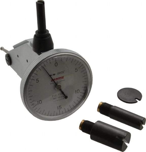 Peacock - 0.03 Inch Range, 0.0005 Inch Dial Graduation, Vertical Dial Test Indicator - 1-3/8 Inch White Dial, 0-15-0 Dial Reading, Accurate to 0.0005 Inch - Industrial Tool & Supply