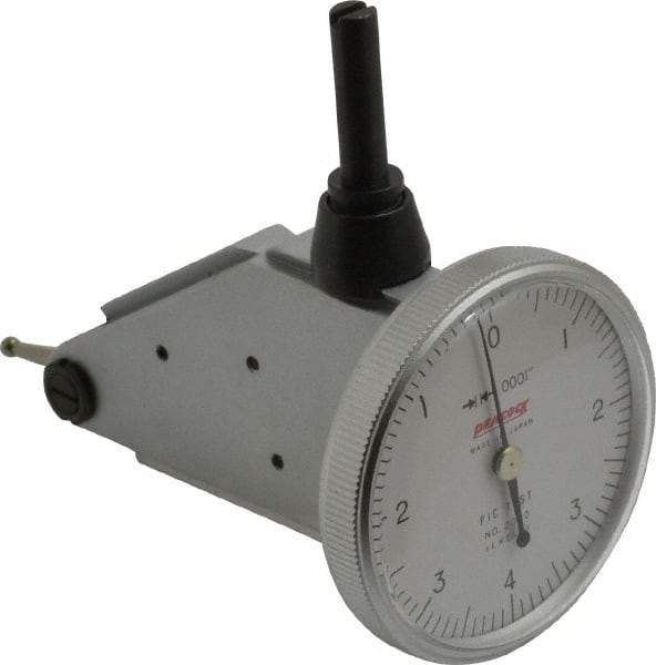 Peacock - 0.008 Inch Range, 0.0001 Inch Dial Graduation, Vertical Dial Test Indicator - 1-3/8 Inch White Dial, 0-4-0 Dial Reading, Accurate to 0.0003 Inch - Industrial Tool & Supply