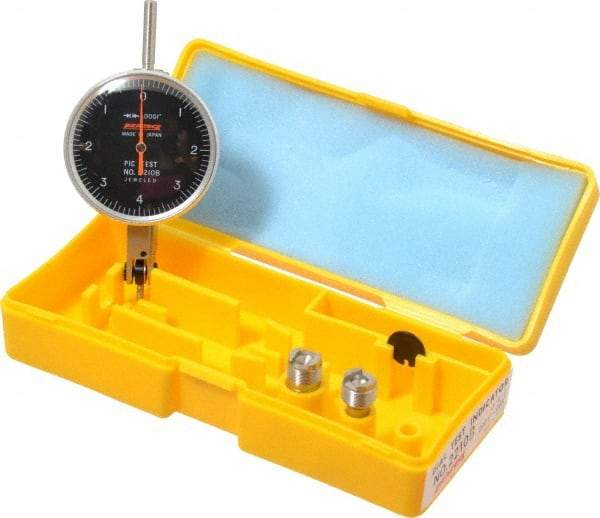 Peacock - 0.008 Inch Range, 0.0001 Inch Dial Graduation, Horizontal Dial Test Indicator - 1-53/64 Inch Black Dial, 0-4-0 Dial Reading, Accurate to 0.0003 Inch - Industrial Tool & Supply