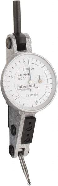 INTERAPID - 0.06 Inch Range, 0.001 Inch Dial Graduation, Horizontal Dial Test Indicator - 1.2 Inch White Dial, 0-15-0 Dial Reading - Industrial Tool & Supply