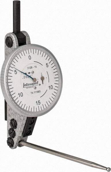 INTERAPID - 0.06 Inch Range, 0.0005 Inch Dial Graduation, Horizontal Dial Test Indicator - 1-1/2 Inch White Dial, 0-15-0 Dial Reading - Industrial Tool & Supply