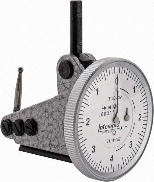INTERAPID - 0.016 Inch Range, 0.0001 Inch Dial Graduation, Vertical Dial Test Indicator - 1-1/2 Inch White Dial, 0-4-0 Dial Reading - Industrial Tool & Supply