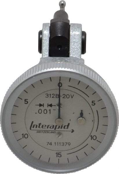 INTERAPID - 0.06 Inch Range, 0.001 Inch Dial Graduation, Vertical Dial Test Indicator - 1.2 Inch White Dial, 0-15-0 Dial Reading - Industrial Tool & Supply