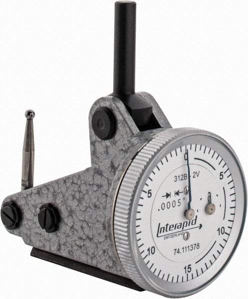 INTERAPID - 0.06 Inch Range, 0.0005 Inch Dial Graduation, Vertical Dial Test Indicator - 1.2 Inch White Dial, 0-15-0 Dial Reading - Industrial Tool & Supply
