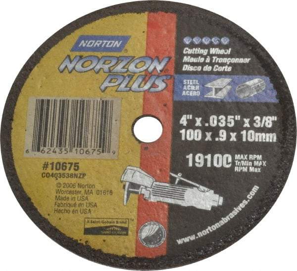 Norton - 4" Ceramic Cutoff Wheel - 0.035" Thick, 3/8" Arbor, 19,100 Max RPM, Use with Die Grinders - Industrial Tool & Supply