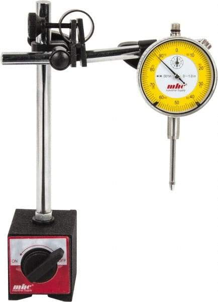 Value Collection - 0.001" Graduation, 0-100 Dial Reading, Indicator & Base Kit - 63mm Base Length x 50mm Base Width x 55mm Base Height, 2-9/32" Dial Diam - Industrial Tool & Supply