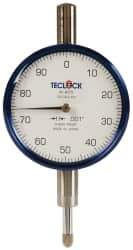 Teclock - 1/4" Range, 0-100 Dial Reading, 0.001" Graduation Dial Drop Indicator - 2-11/64" Dial, 0.1" Range per Revolution, 0.0007" Accuracy - Industrial Tool & Supply