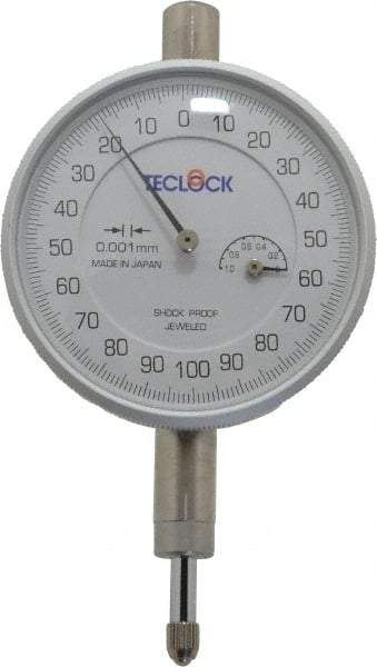Teclock - 1mm Range, 0-100-0 Dial Reading, 0.001mm Graduation Dial Drop Indicator - 2-13/64" Dial, Revolution Counter - Industrial Tool & Supply
