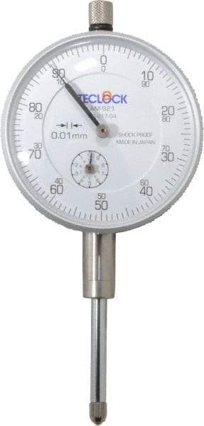 Teclock - 25mm Range, 0-100 Dial Reading, 0.01" Graduation Dial Drop Indicator - 2-11/64" Dial, 1" Range per Revolution, 0.03" Accuracy, Revolution Counter - Industrial Tool & Supply