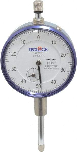 Teclock - 1" Range, 0-50-0 Dial Reading, 0.001" Graduation Dial Drop Indicator - 2-11/64" Dial, 0.1" Range per Revolution, 0.0014" Accuracy, Revolution Counter - Industrial Tool & Supply