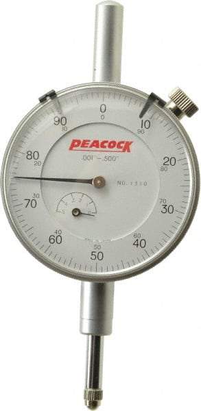 Peacock - 1/2" Range, 0-100 Dial Reading, 0.001" Graduation Dial Drop Indicator - 2-3/64" Dial, 0.001" Accuracy, Revolution Counter - Industrial Tool & Supply