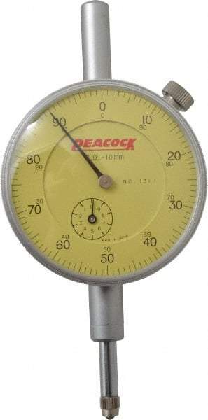 Peacock - 10mm Range, 0-100 Dial Reading, 0.01mm Graduation Dial Drop Indicator - 2-3/64" Dial, Revolution Counter - Industrial Tool & Supply