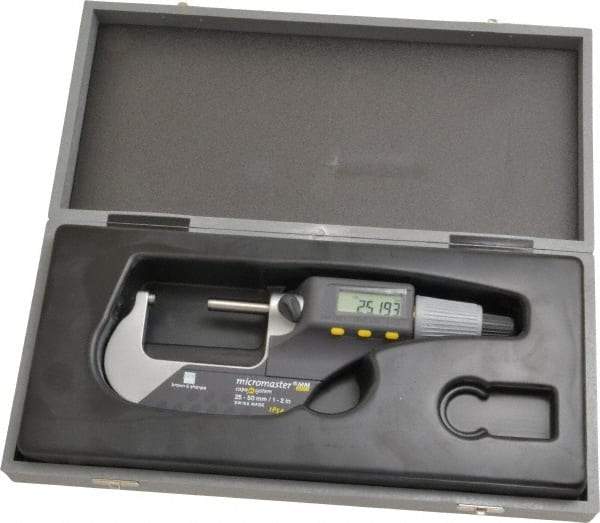 TESA Brown & Sharpe - 1 to 2 Inch Range, 0.0001 Inch Resolution, Standard Throat, IP54 Electronic Outside Micrometer - 0.0002 Inch Accuracy, Carbide Face, Includes Plastic Case - Industrial Tool & Supply