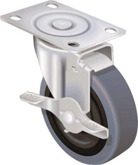 Shepherd - 5" Diam x 15/16" Wide x 5-3/4" OAH Top Plate Mount Swivel Caster with Brake - Polyolefin, 160 Lb Capacity, Plain Bore Bearing, 2-5/8 x 3-3/4" Plate - Industrial Tool & Supply