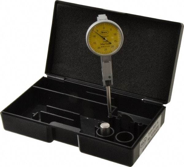 Mahr - 1/4 mm Range, 0.01 mm Dial Graduation, Horizontal Dial Test Indicator - 27.5 mm Yellow Dial, 0-25-0 Dial Reading - Industrial Tool & Supply