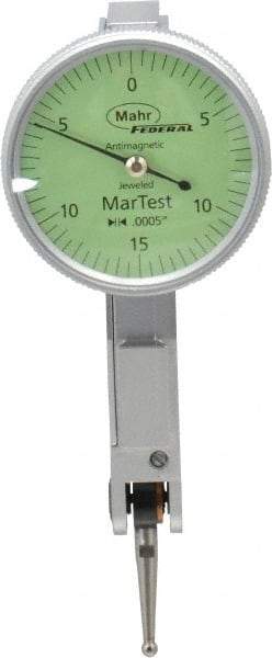 Mahr - 0.015 Inch Range, 0.0005 Inch Dial Graduation, Horizontal Dial Test Indicator - 1.1 Inch Green Dial, 0-15-0 Dial Reading - Industrial Tool & Supply