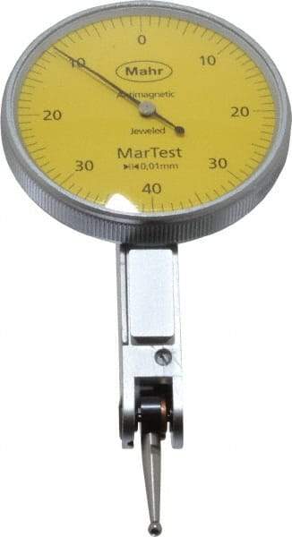 Mahr - 0.4 mm Range, 0.01 mm Dial Graduation, Horizontal Dial Test Indicator - 38 mm Yellow Dial, 0-40-0 Dial Reading - Industrial Tool & Supply