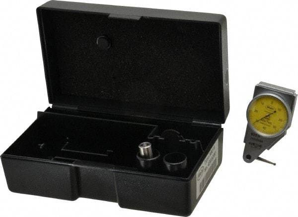 Mahr - 0.4 mm Range, 0.01 mm Dial Graduation, Horizontal Dial Test Indicator - 27.5 mm Yellow Dial, 0-40-0 Dial Reading - Industrial Tool & Supply