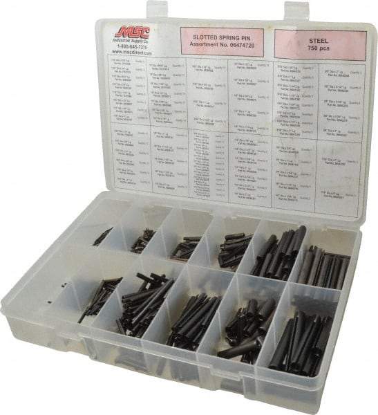 Made in USA - 750 Piece, 1/16 to 7/16" Pin Diam, Spring Pin Assortment - Steel - Industrial Tool & Supply