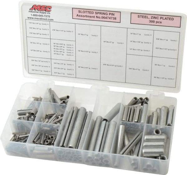 Made in USA - 300 Piece, 1/16 to 3/8" Pin Diam, Spring Pin Assortment - Zinc, Zinc Plated - Industrial Tool & Supply