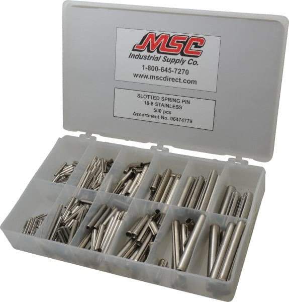 Made in USA - 500 Piece, 1/16 to 7/16" Pin Diam, Spring Pin Assortment - 18-8 Stainless Steel - Industrial Tool & Supply
