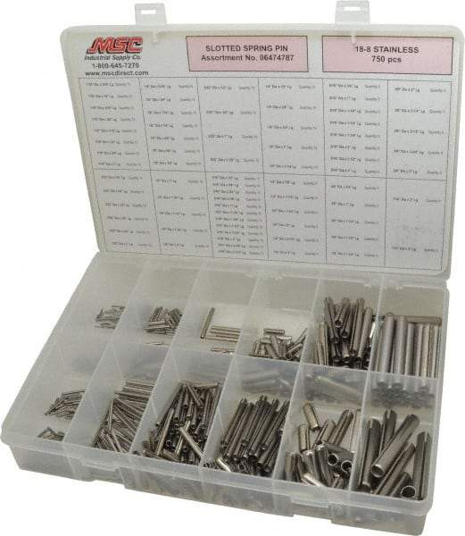 Made in USA - 750 Piece, 1/16 to 7/16" Pin Diam, Spring Pin Assortment - 18-8 Stainless Steel - Industrial Tool & Supply