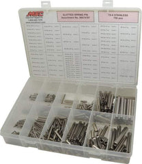 Made in USA - 750 Piece, 1/16 to 7/16" Pin Diam, Spring Pin Assortment - 18-8 Stainless Steel - Industrial Tool & Supply