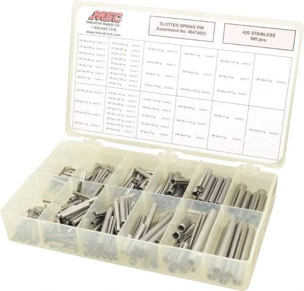 Made in USA - 500 Piece, 1/16 to 7/16" Pin Diam, Spring Pin Assortment - 420 Stainless Steel - Industrial Tool & Supply
