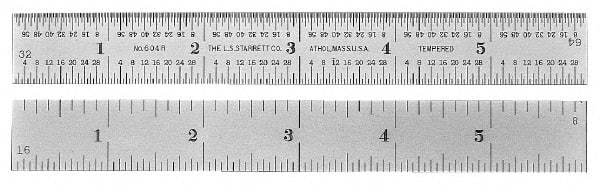 PEC Tools - 36" Long, 1/100, 1/64, 1/32, 1/10" Graduation, Rigid Steel Rule - 5R Graduation Style, 1-1/4" Wide, Silver, Satin Chrome Finish - Industrial Tool & Supply