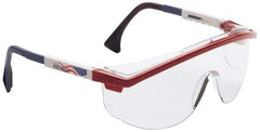 Uvex - Clear Lenses, Framed Safety Glasses - Anti-Fog, Scratch Resistant, Red/White/Blue Plastic Frame, Adjustable Temples, Size Universal, Wrap Around - Industrial Tool & Supply
