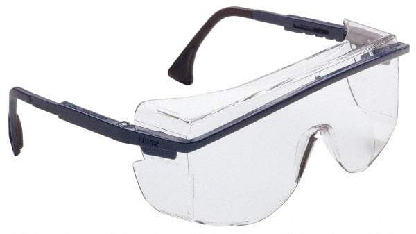 Uvex - Clear Lenses, Framed Safety Glasses - Anti-Fog, Scratch Resistant, Blue Plastic Frame, Adjustable Temples, Size Universal, Over the Glasses - Industrial Tool & Supply