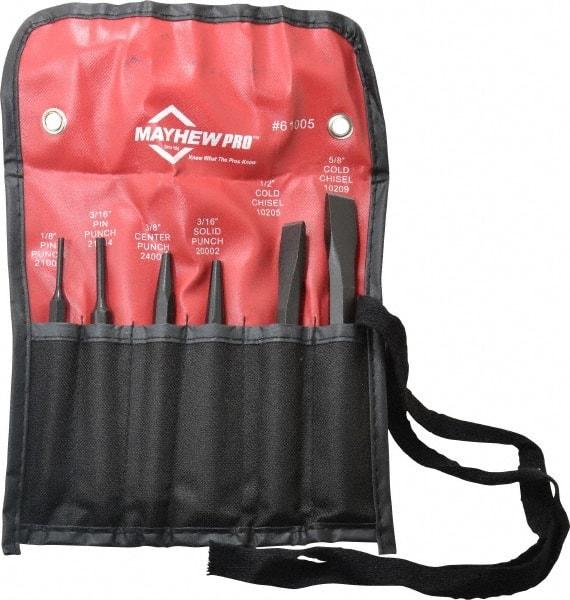 Mayhew - 6 Piece Punch & Chisel Set - 1/2 to 5/8" Chisel, 3/16 to 3/8" Punch, Round Shank - Industrial Tool & Supply