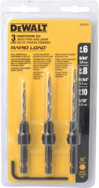 DeWALT - 3 Piece, 0.13 to 0.19" Head Diam, 77 to 83° Included Angle, Single End Countersink Set - Industrial Tool & Supply