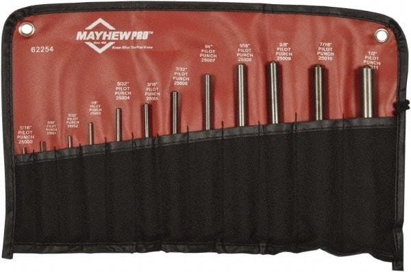 Mayhew - 12 Piece, 1/16 to 1/2", Roll Pin Punch Set - Round Shank, Comes in Vinyl Roll - Industrial Tool & Supply
