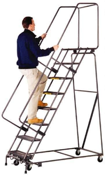 Ballymore - 133" 10 Step Ladder - Lock Step Rolling Safety Ladder, 450 Lb Capacity, 100" Platform Height, 32" Base Width x 74" Depth, Abrasive Mat Tread - Industrial Tool & Supply