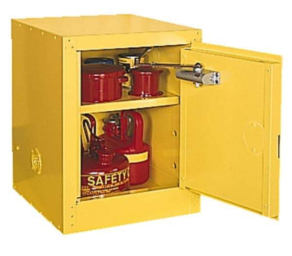 Eagle - 1 Door, 1 Shelf, Yellow Steel Bench Top Safety Cabinet for Flammable and Combustible Liquids - 22-1/2" High x 17-1/2" Wide x 18" Deep, Manual Closing Door, 3 Point Key Lock, 4 Gal Capacity - Industrial Tool & Supply
