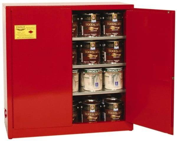 Eagle - 2 Door, 3 Shelf, Red Steel Standard Safety Cabinet for Flammable and Combustible Liquids - 44" High x 43" Wide x 18" Deep, Manual Closing Door, 3 Point Key Lock, 40 Gal Capacity - Industrial Tool & Supply