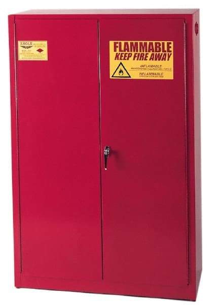 Eagle - 2 Door, 5 Shelf, Red Steel Standard Safety Cabinet for Flammable and Combustible Liquids - 65" High x 43" Wide x 18" Deep, Manual Closing Door, 3 Point Key Lock, 60 Gal Capacity - Industrial Tool & Supply