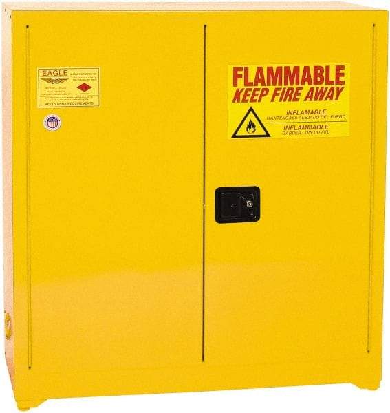 Eagle - 2 Door, 3 Shelf, Yellow Steel Standard Safety Cabinet for Flammable and Combustible Liquids - 44" High x 43" Wide x 18" Deep, Manual Closing Door, 3 Point Key Lock, 40 Gal Capacity - Industrial Tool & Supply