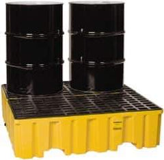 Eagle - 120 Gal Sump, 4,000 Lb Capacity, 4 Drum, Polyethylene Spill Deck or Pallet - 51-1/2" Long x 52.4" Wide x 13-3/4" High, Yellow, Liftable Fork, Drain Included, Vertical, 2 x 2 Drum Configuration - Industrial Tool & Supply