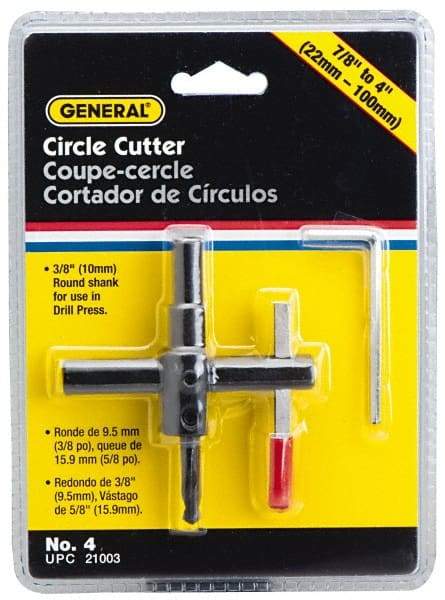General - 7/8 to 4" Cutting Diam, Circle Cutter Tool - Straight Shank, 3/8" Shank Diam - Industrial Tool & Supply