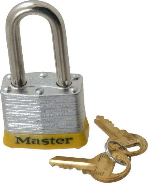 Master Lock - Keyed Alike Retaining Key Conductive Lockout Padlock - 1-1/2" Shackle Clearance, 9/32" Shackle Diam, 1-1/4" Body Height x 1-9/16" Body Width, Yellow, 4 Pins - Industrial Tool & Supply