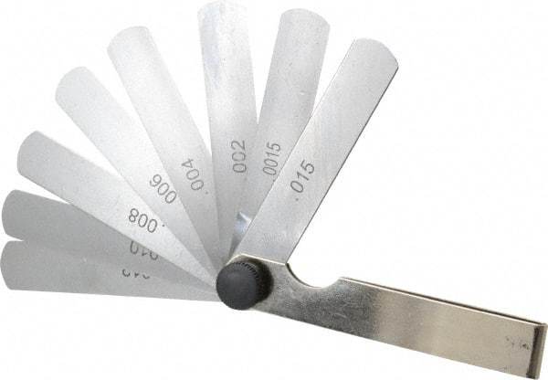 Value Collection - 9 Piece, 0.0015 to 0.015" Thick, Parallel Feeler Gage Set - 3" Leaf Length, 1/2" Wide, Tempered Steel - Industrial Tool & Supply