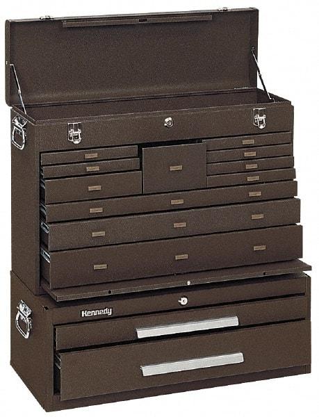 Kennedy - 13 Drawer, 2 Piece, Brown Steel Machinist's Combo - 12-1/2 Inches Deep 9-1/2 Inches High 26.68 Inches Wide Base - Industrial Tool & Supply