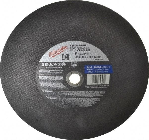 Milwaukee Tool - 14" 36 Grit Aluminum Oxide Cutoff Wheel - 3/32" Thick, 1" Arbor, 4,365 Max RPM, Use with Angle Grinders - Industrial Tool & Supply