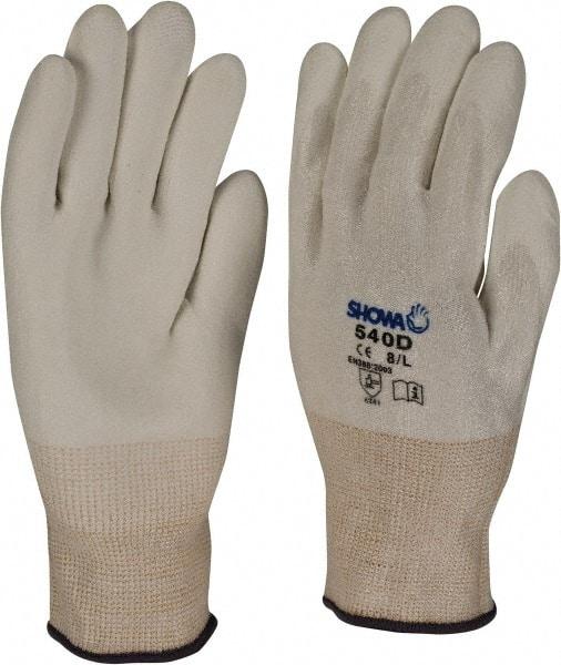 SHOWA - Size L (9), ANSI Cut Lvl 2, Puncture Lvl 2, Abrasion Lvl 6, Polyurethane Coated Cut Resistant Gloves - Palm Coated, HPPE Lining, Knit Wrist, White, Paired - Industrial Tool & Supply