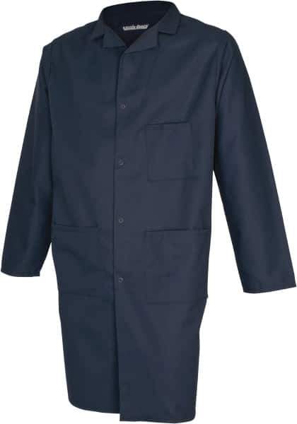 PRO-SAFE - Size M Navy Blue Lab Coat - Polyester and Cotton, Snap Front, Open Wrists, (2 Pass Through Pockets and Front Chest and Hip Pocket) - Industrial Tool & Supply