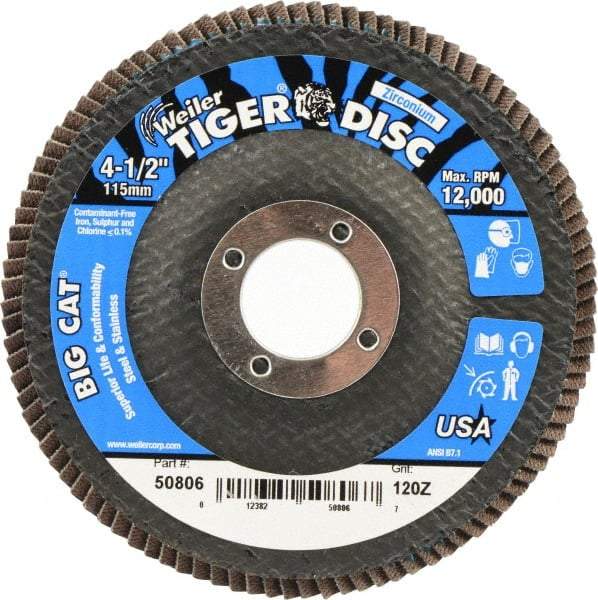 Weiler - 120 Grit, 4-1/2" Disc Diam, 7/8" Center Hole, Type 27 Zirconia Alumina Flap Disc - 12,000 Max RPM, Phenolic Backing, Arbor Attaching System, Coated - Industrial Tool & Supply